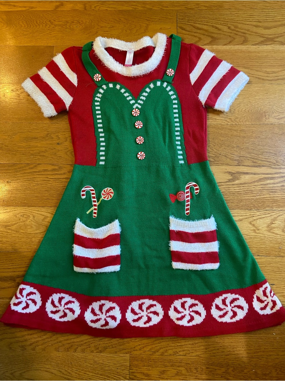 Christmas Elf Red Knit Holiday dress with Fuzzy White Trim Candy Canes